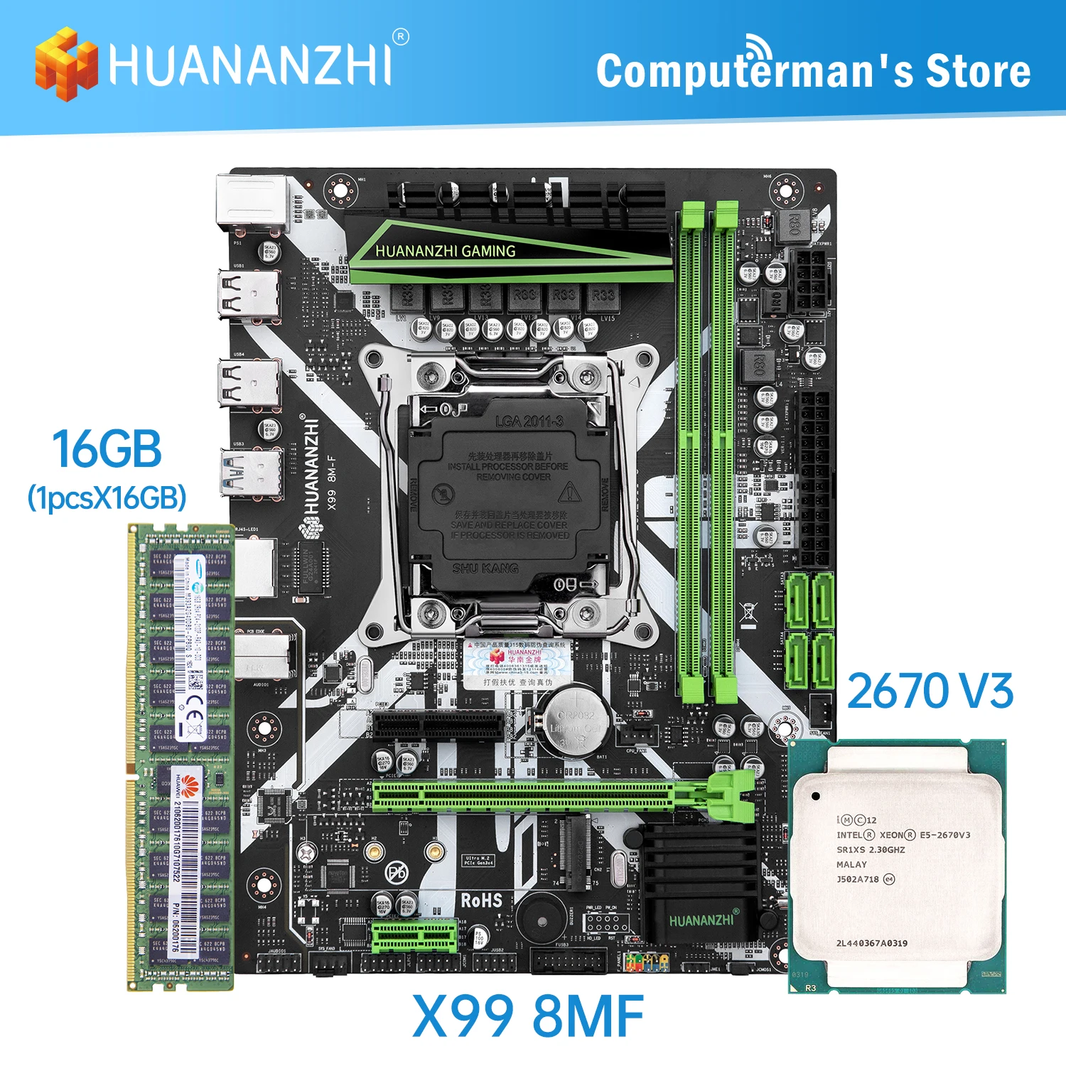 

HUANANZHI X99 8M F X99 Motherboard combo kit set LGA 2011-3 CPU Intel XEON E5 2670 V3 Memory 1*16G DDR4 ECC M.2 NVME USB