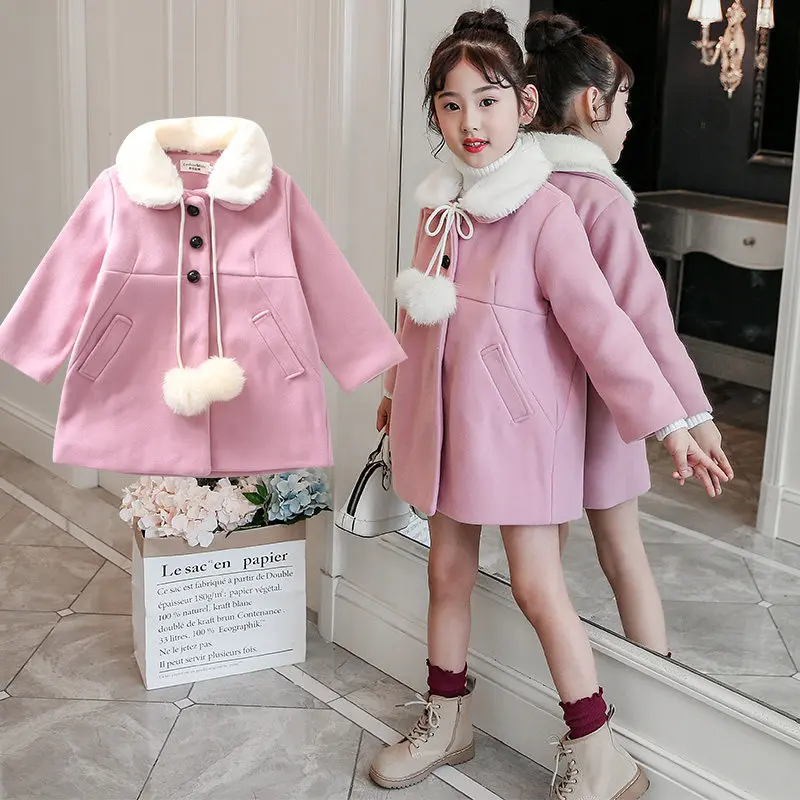 Розовые зимние куртки для девочек пальто кашемировые детские парки с имитацией