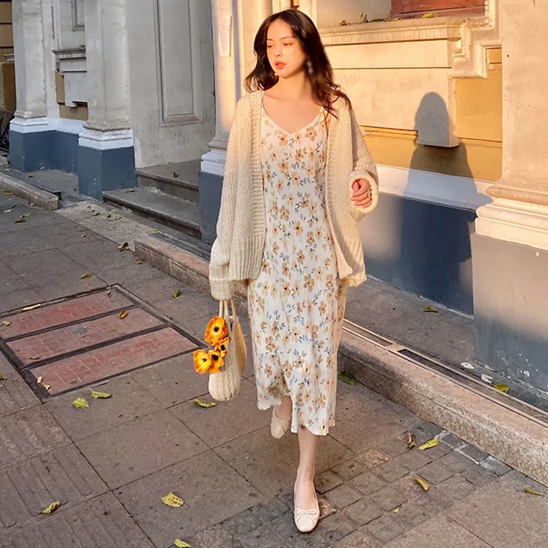 

Summer Korean Style Retro Leisure Vacation Dress Women Inner Wear Floral Sling Vestidos Femme vestido de mujer
