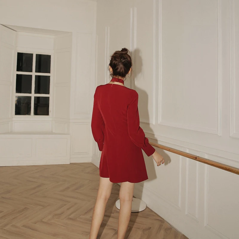 

Red French Fairy Dress Women Elegant Long Sleeve Midi Short Vestidos Lady 2021 Neck Bandage Retro High Waist Crop Dress Mujer