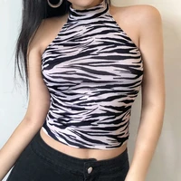 women summer zebra contrast striped crop top female fashion sexy slim halter backless club tops 90s streetwear casual camisole
