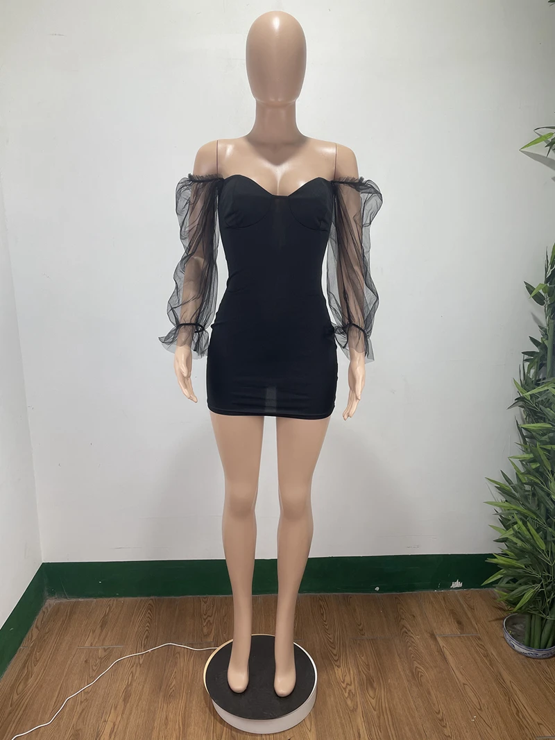 

Mesh Patchwork Women Long Sleeve Mini Dress Sexy Square Neck Black Pink Wine Red Solid Package Hip Dress Clubwear Drop Shipping