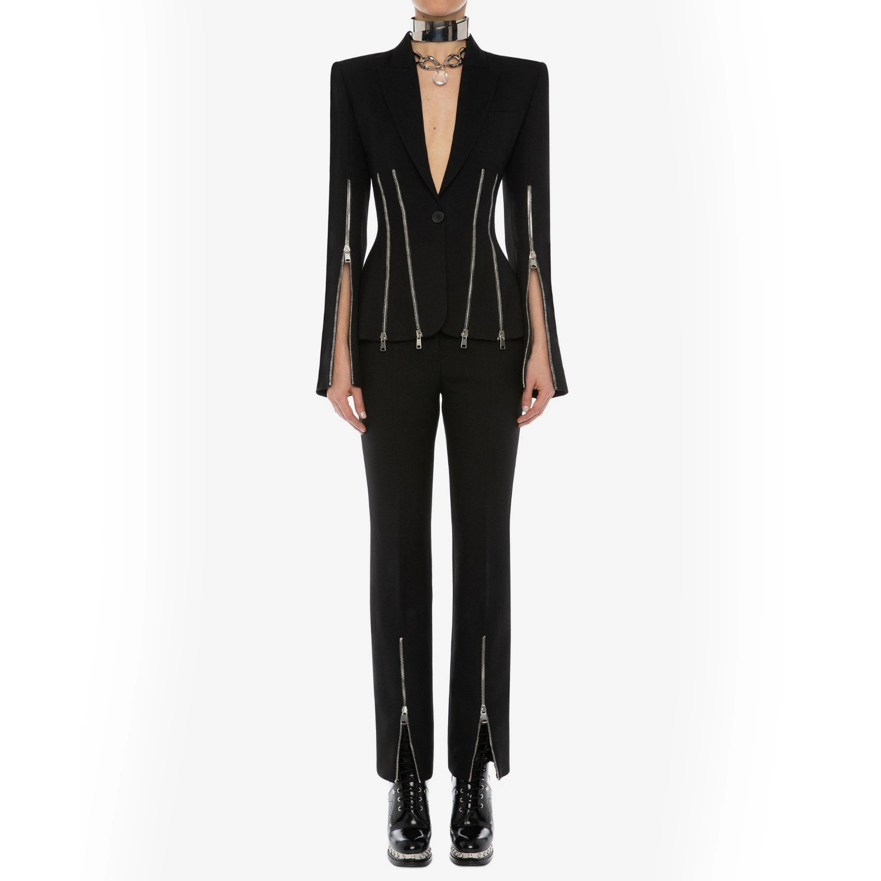 

High Quality Black Zipper Long Sleeve 2 Pieces Set Fashion Set Evening Party Set