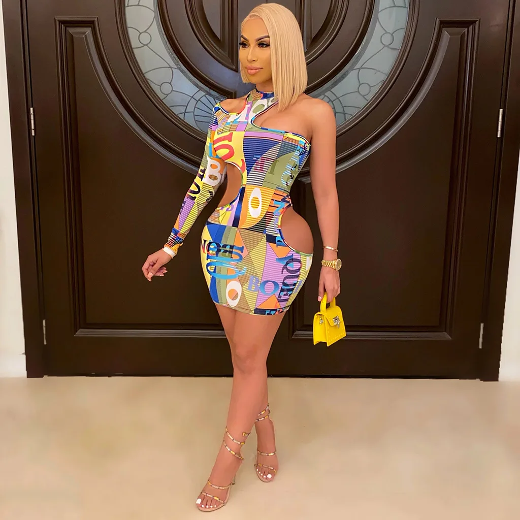 

2021 Summer New Fashion Sexy Women's High-neck Printed Single-sleeve Ladies Short Dress