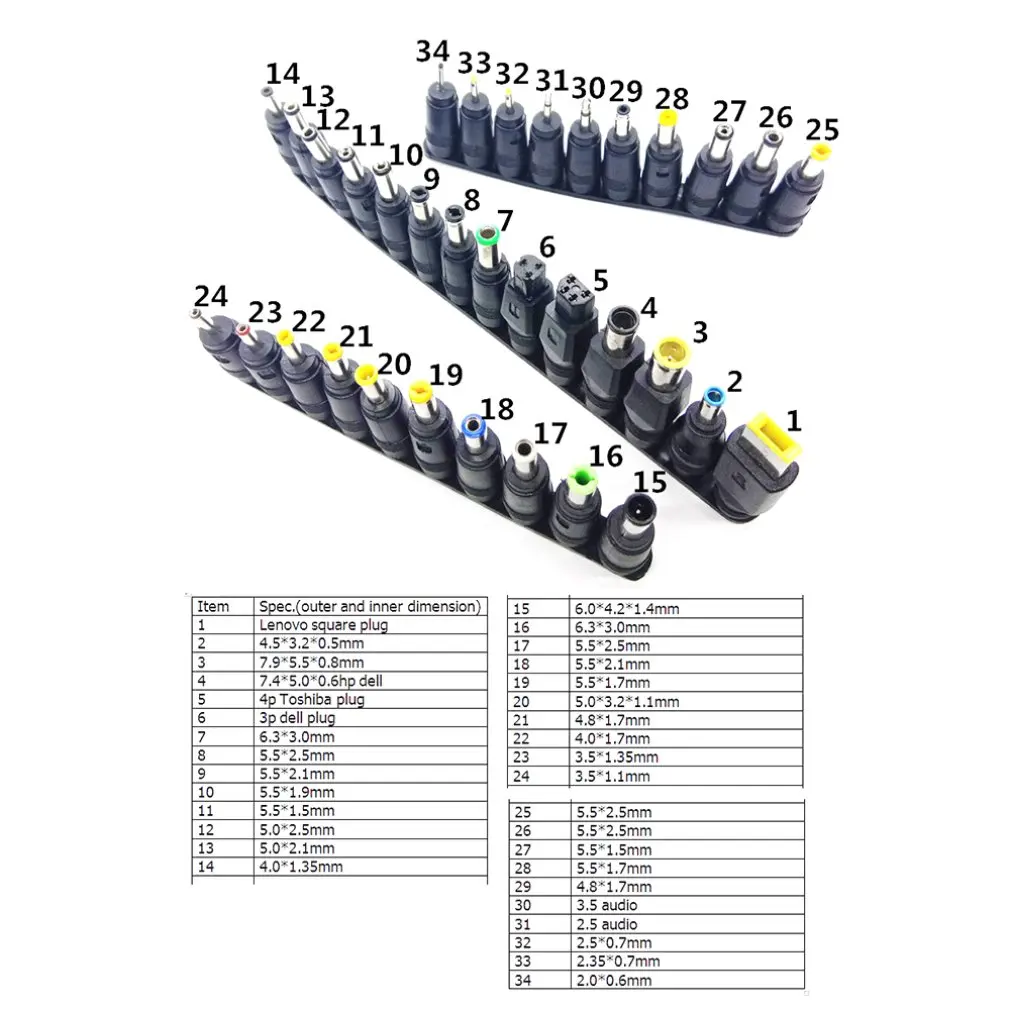 

Universal power adapter AC DC Jack Charger Connector Plug for Laptop Notebook AC DC Power Adapter DC Conversion plug 34pcs