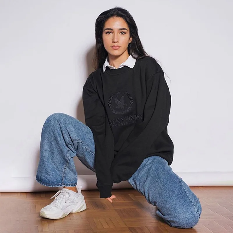 

Sky Blue Vintage Letters Embroidered Oversized Crewneck Sweatshirt for Teens Girls Women Tops New Brand Streetwear Women Clothes