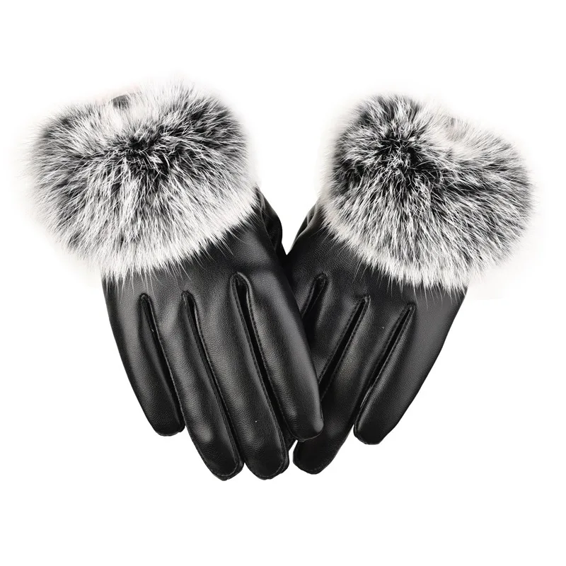 Fashion women's warm autumn and winter mittens riding gloves, touch screen cute plus velvet small U rabbit fur, wild mouth