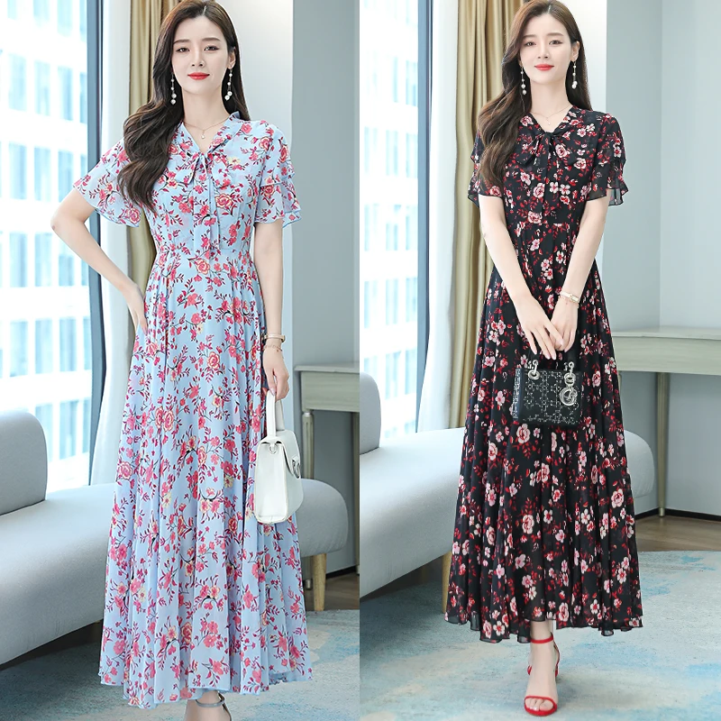 

New summer collect waist show high show thin posed printed fairy long short-sleeved dress to restore ancient ways big yards