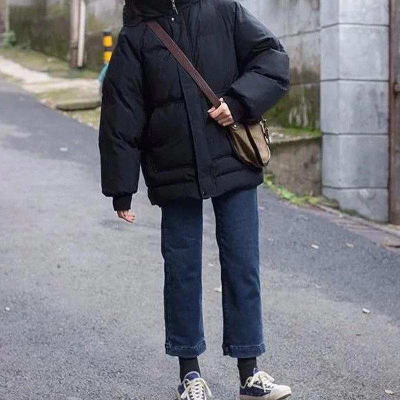 

2021 winter women's hooded zipper loose down jacket women's solid color regular thick padded jacket new Korean version