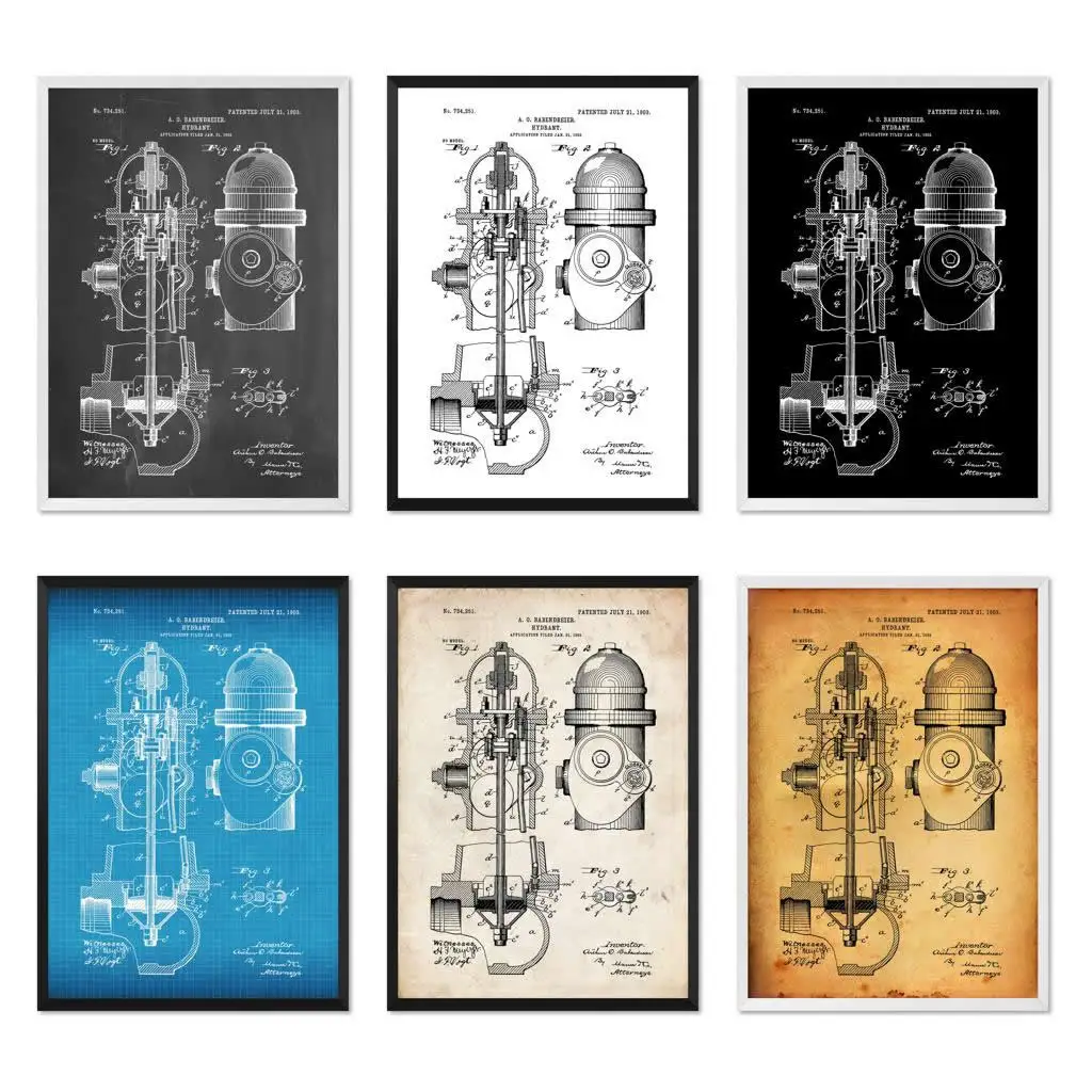 Винтажный пожарный гидрант 1903 патент настенный схема плакат холст живопись