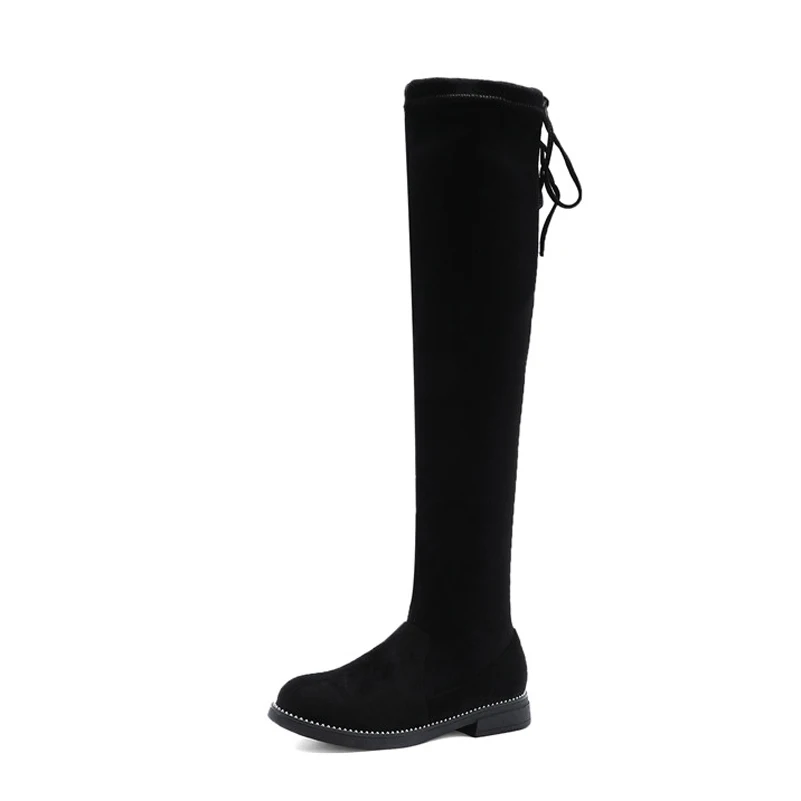 

ANNYMOLI Med Heel Over The Knee Boots Woman Block Heel Thigh High Boots Round Toe Long Boots Lace Up Female Shoes Autumn Winter