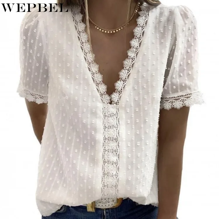 

WEPBEL T-shirt Women's Casual Solid Color Lace Stitching T-shirt Summer Short Sleeve V-neck Embroidery Loose Hollow Out T-shirt