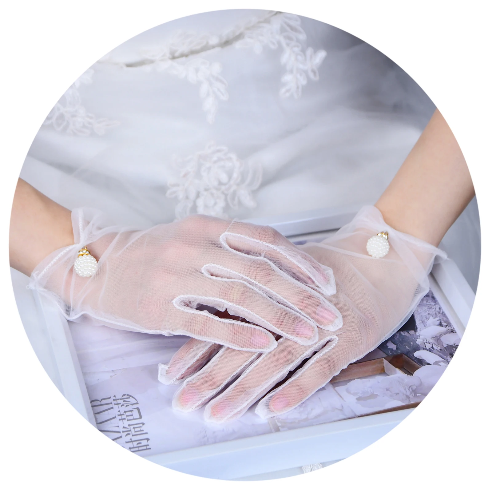 

M03 Home Ladies Mittens Fingered Gloves Women Gloves with Pearls Beaded Wedding Gloves Thin White Translucent Gauze Glove
