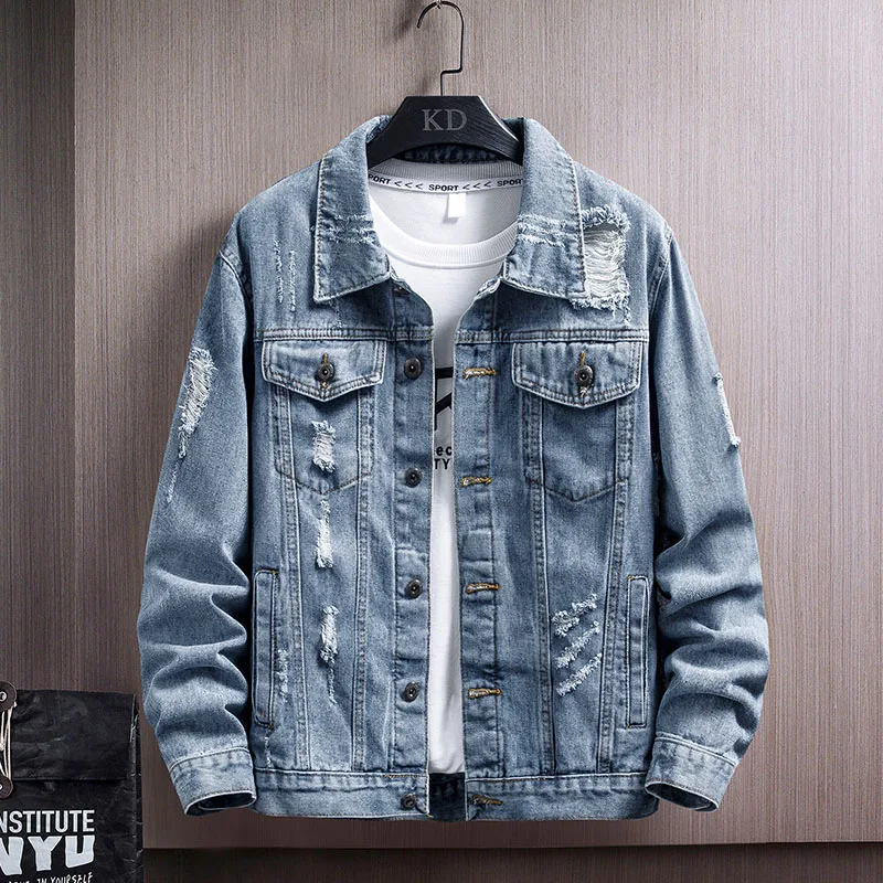 

Pop Denim Jacket Men's Denim Clothing Man Coats Vogue Jeans Jacket Casual Loose Ripped Holes Vintage Bomber Denim Jacket
