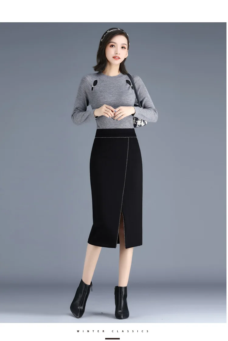 

Women High Waist Plus Size Slit Black Mid-long Skirt Autumn Winter Office Lady Elegant Chic Slim Casual Knee-Length Skirts 4XL