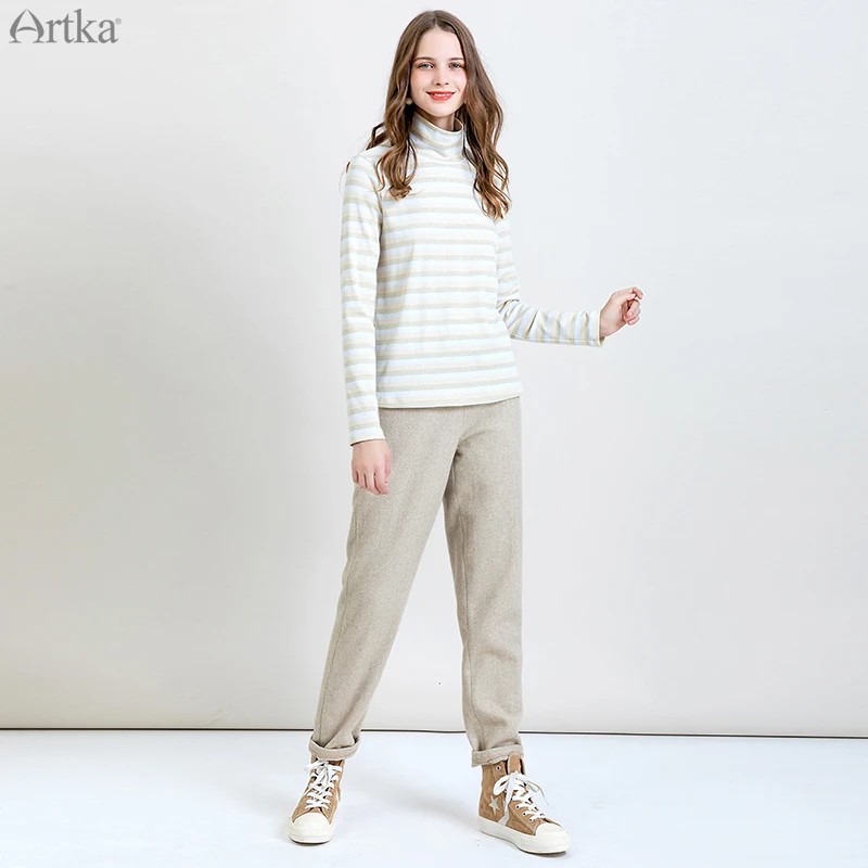 ARTKA 2019 Autumn Winter New Women Pants Elastic Waist Thicken Woolen Trousers Loose Casual Straight Woolen Pants KA10198Q