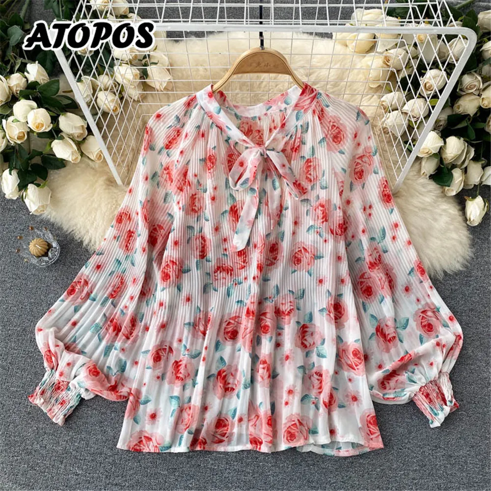 

Atopos Women Floral Chiffon Blouses Chic Folds Shirts Female Top Fashion Blouse Tops Elegant Oversize Shirt Woman Clothes 2022