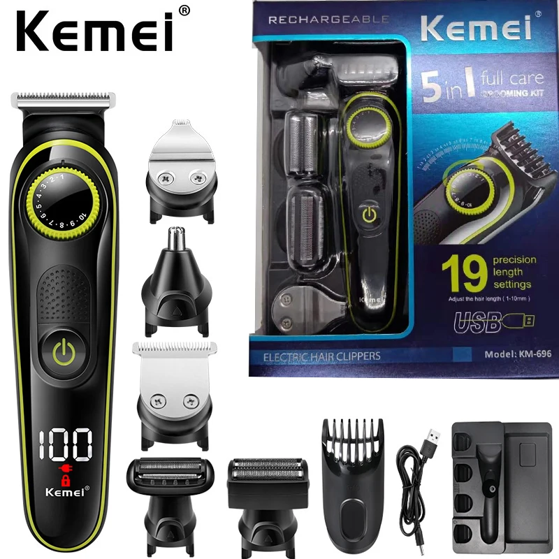 

Мужской триммер для волос Kemei, набор для красоты, беспроводная перезаряжаемая Бритва для бороды, носа, инструмент для стрижки волос, машинка ...