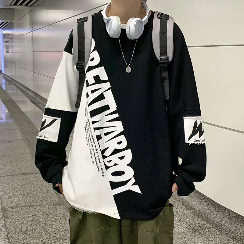 Oversize Crewneck Sweatshirt Mens 2021 Korean Fashion Letter Printed Long Sleeve Hoodie Streetwear Hip Hop Pullover Harajuku Men