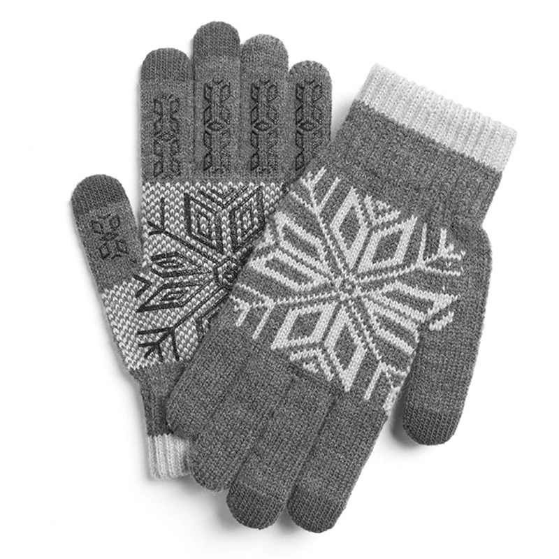 

Men Winter Touch Screen Snowflake Knitted Warm Gloves Soft Plush Lining Elastic Cuff Anti-Slip Silicone Cycling Mittens