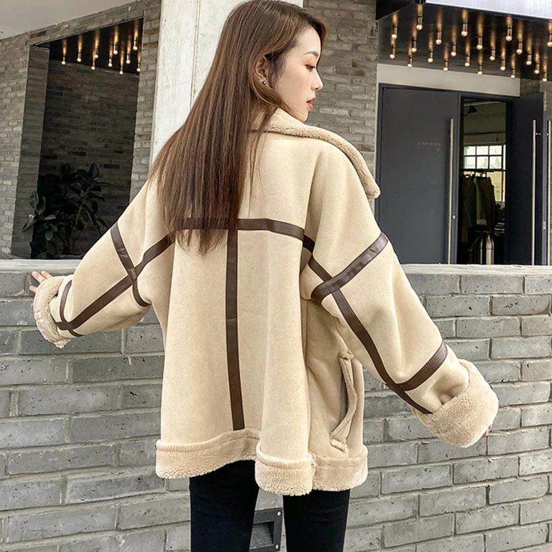 

2021 Winter Short Suede Jacket Womens Warm Lambswool Parka Coats Ladies Lamb Velvet Fur Overcoat Locomotive Bomber Ropa De Mujer