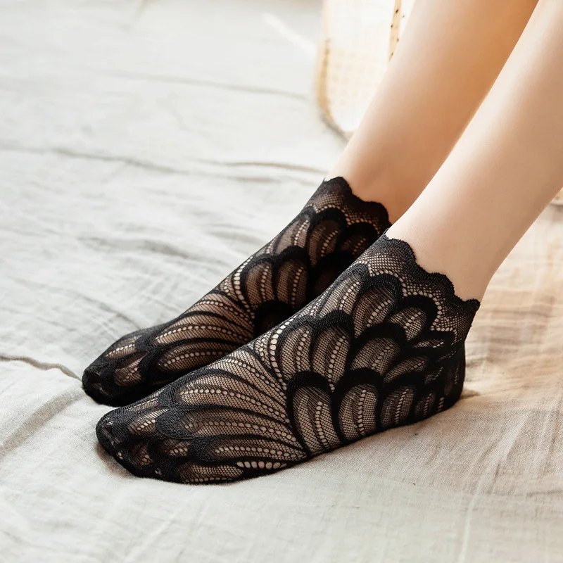 Кружевные женские носки * тонкие летние шелковые открытая прозрачность узор с