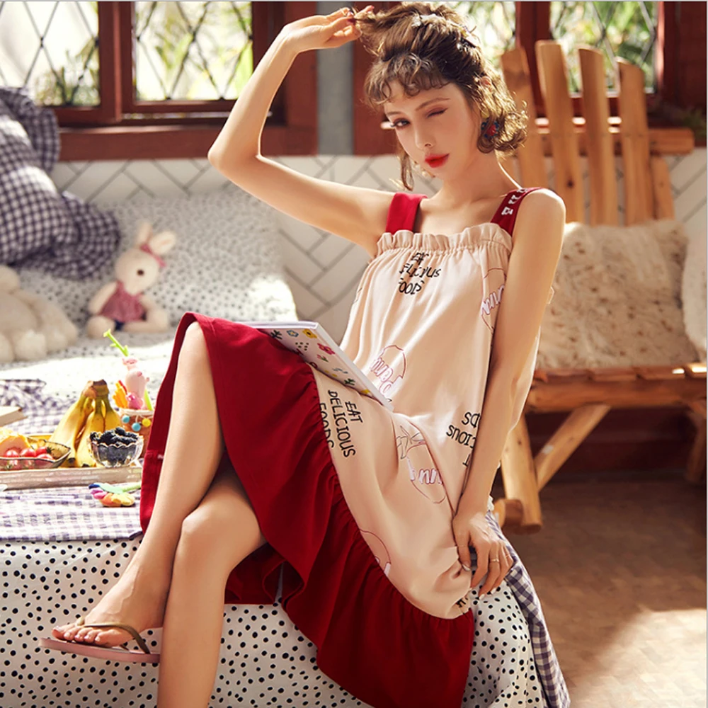 

Summer Women Loose Cotton Nightdress Pajamas Cartoon Bee Strawberry Spaghetti Strap Dress Sleepwear Student Home Wear Nightgown