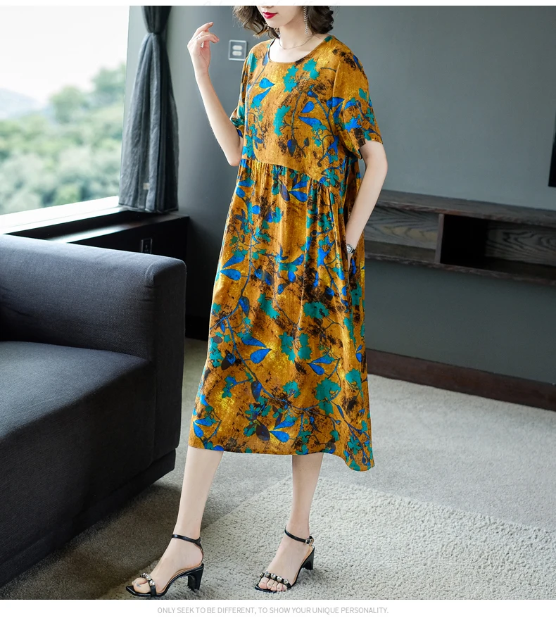 

Chiffon Loose Plus Size Women's Dress New Fashion Casual Short Sleeve Dresses Mid-length Summer Floral O-neck Houthion