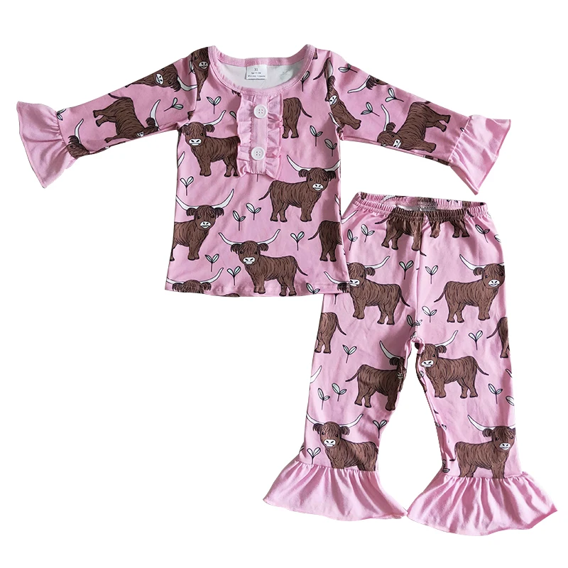 

Girls sleepwear pajamas girls sleepwear pink shirt with cow the same pants with lace baby girl sleepwear