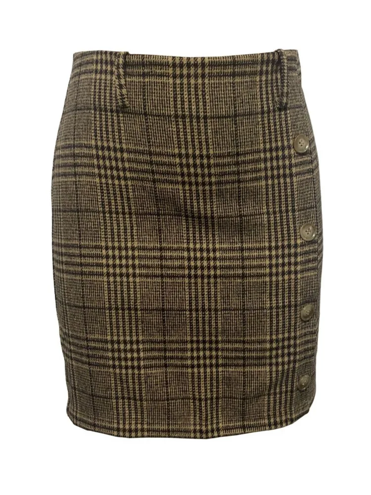 Юбка женская клетчатая из смешанной шерсти с имитацией пуговиц и высокой талией |