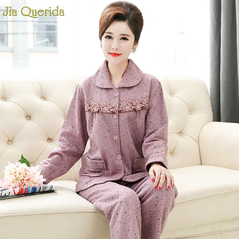Pijamas Women Cotton Home Clothes Long Sleeves Trousers Women's Two Pieces Printing Lace Embroidery Front Elegant Pijama Mujer | Женская
