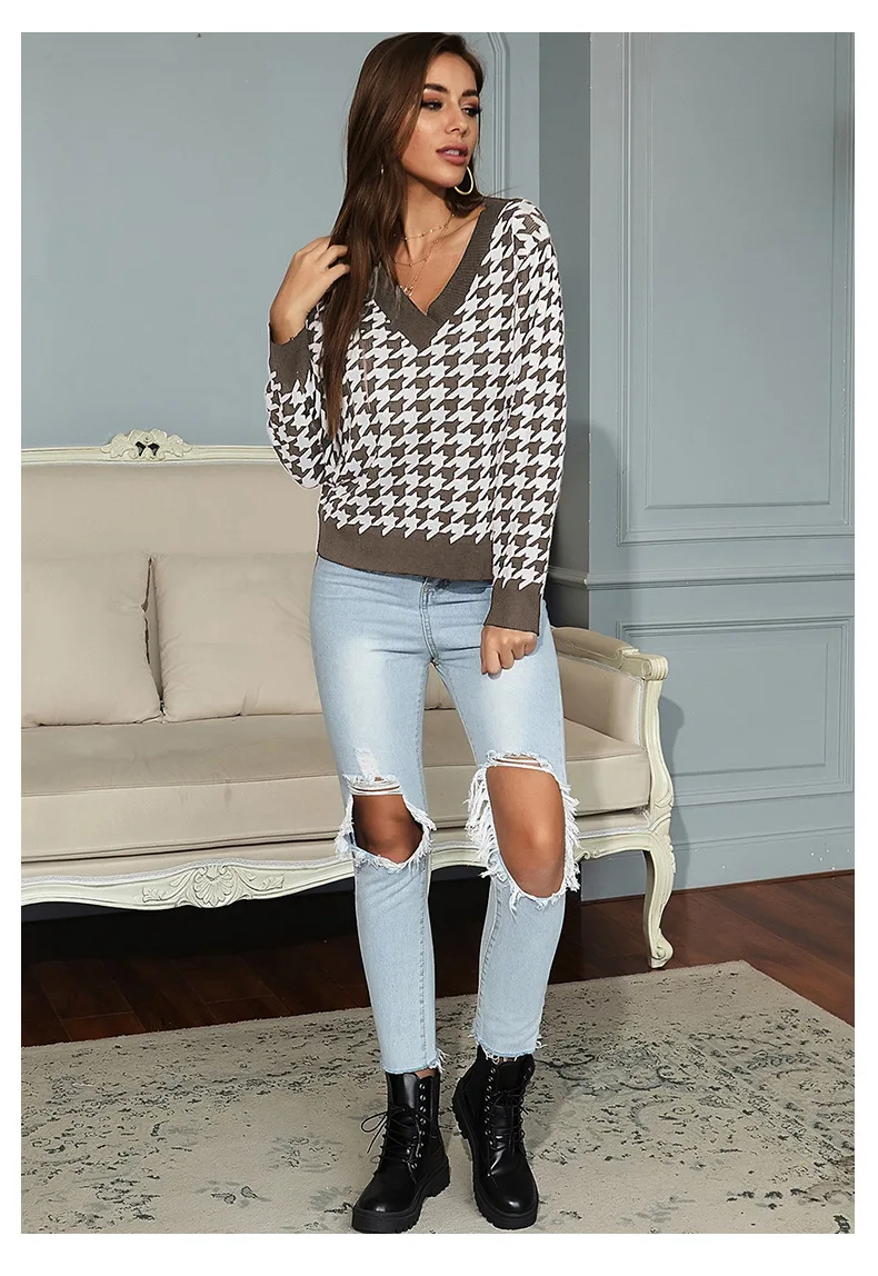 Повседневный женский свободный пуловер вязаный жаккардовый Женский Топ с