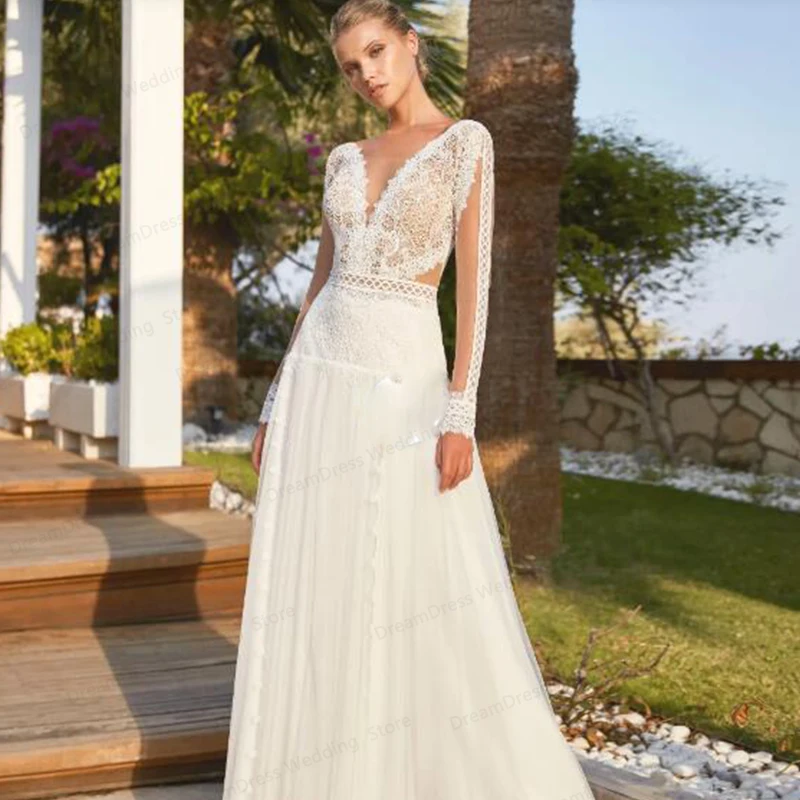 Женское свадебное платье с длинным рукавом глубоким V-образным вырезом | Свадьбы