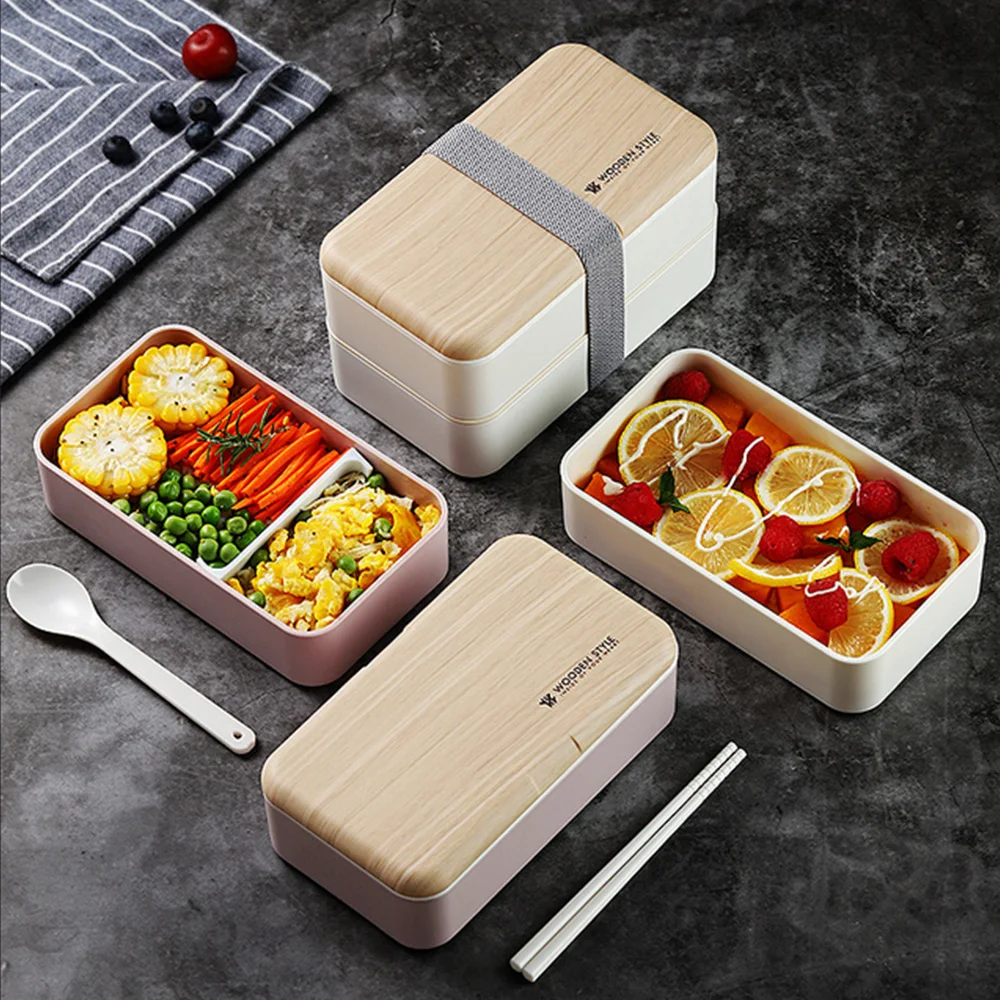 

Двухслойный Ланч-бокс для микроволновой печи, портативный контейнер для еды в деревянном стиле, контейнер для фруктов, коробка для хранения...