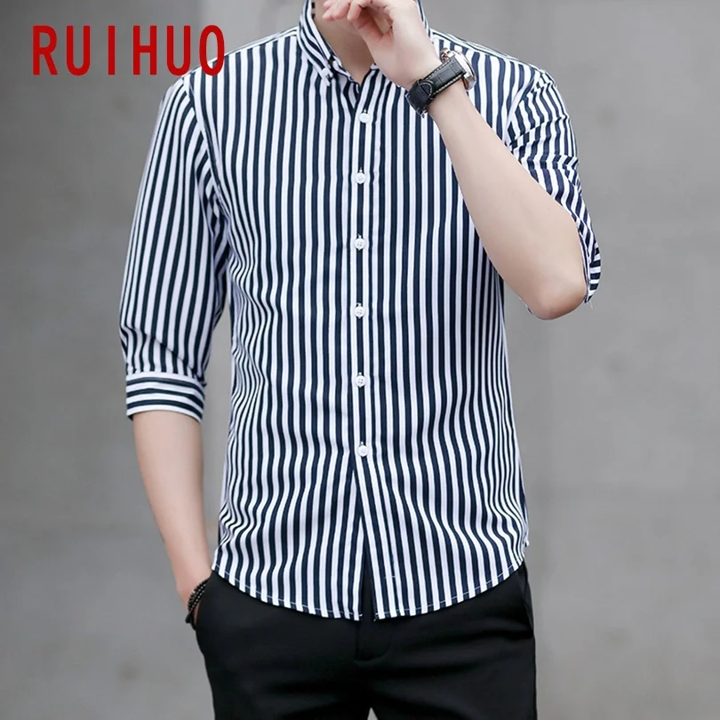 

RUIHUO Striped Casual Shirts For Men Clothing Vintage Man Shirt Short Sleeve M-5XL 2021 New Arrivals