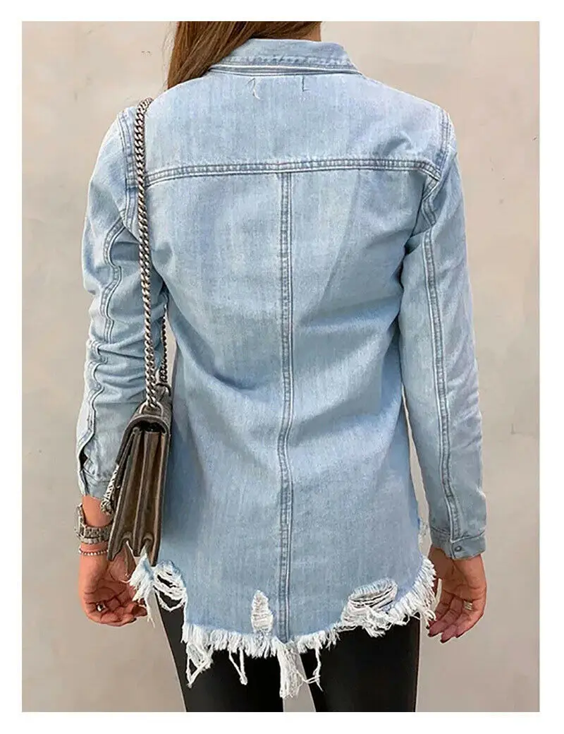 Autumn Women Ladies Ripped Button Oversized Denim Jacket Jeans Coat Boyfriends Overcoat Slim Blazer Vintage Washed Plus Size | Женская