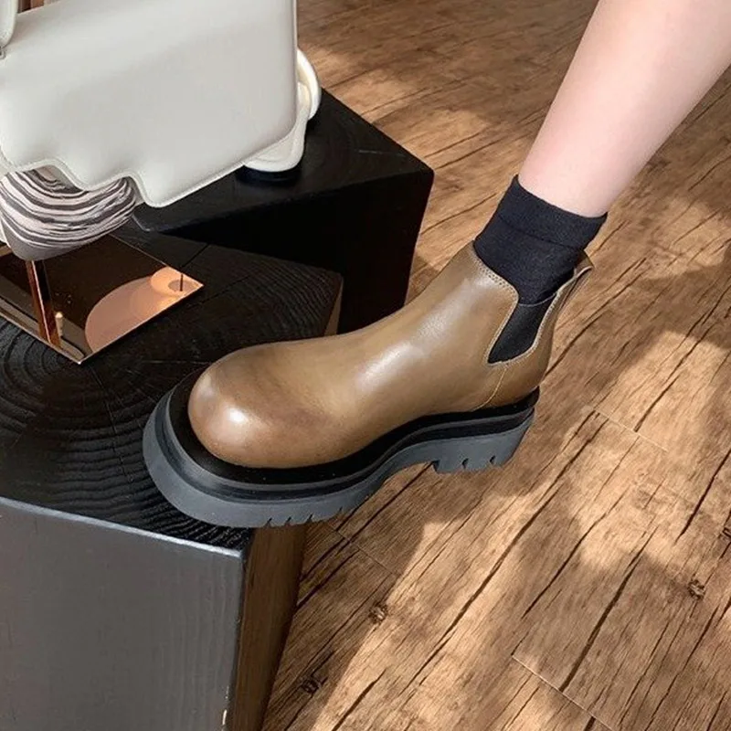 

Женские ботинки на толстой подошве, полуботинки Челси в британском стиле с круглым носком, весна-осень 2021