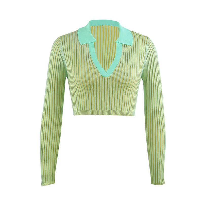 

Sexy Knitted T Shirt Women Long Sleeve Slim Ribbed Cropped T-Shirts Spring Summer Deep V Neck Tee Shirt