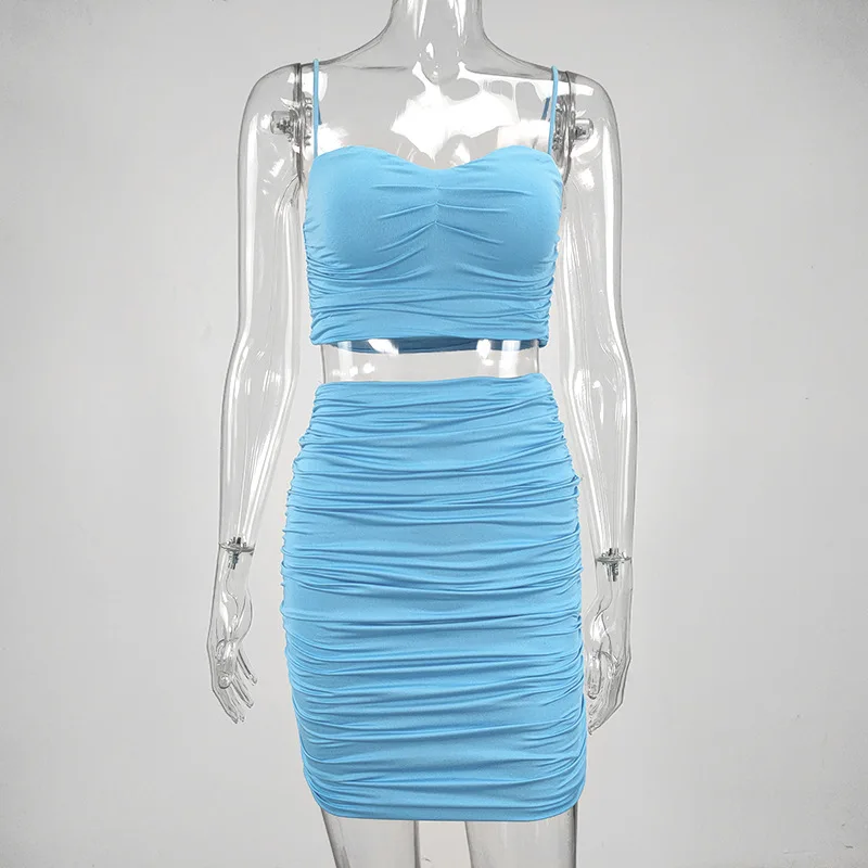 

Hotvestita Summer Sexy Low-cut Camisole Backless Crop Top Bodycon Ruched Mini Skirts Party Night Club Solid Two Piece Set Women