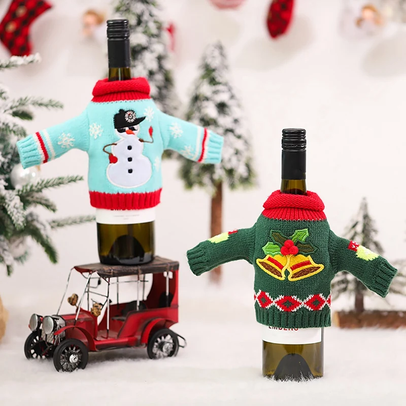 

4 Pcs Christmas Wine Bottle Cover, Reusable Wine Bottle Dress Sweater for Holiday Party Xmas Table Home Decoration-ABUX