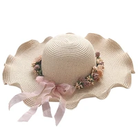 korea style women hats for summer solid anti uv wide brim floppy hats ladies flower garland beach hats wave brim sun hat