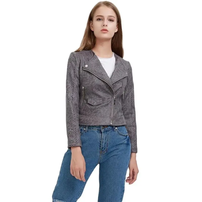 

TMODA288 2021 Women Autumn Winter Suede Faux Leather Jackets Lady Fashion Hollow Out Motorcycle Coat Biker Gray Lace Outerwear