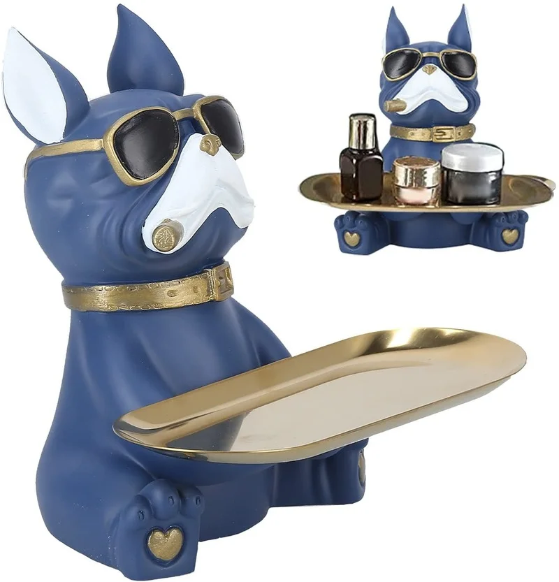 

Resin Bulldog Holding Storage Tray Figurine Cool Dog Cat Keys Candy Dish Plates Modern Art Statue Jewelry Earring Snack Holder