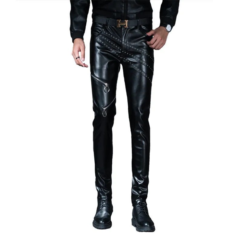 

Moto Biker Streetwear 2020 Fashion PU Leather Pencil Pants for Men Plus Size 28-36 Black Zipper Faux Leather Windbreak Pants
