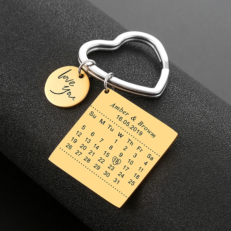 

Custom Calendar Birth Date Tag Keychain Engrave Love Text Name Key Chains Hollow Heart Circle Keyring Women Personalized Jewelry