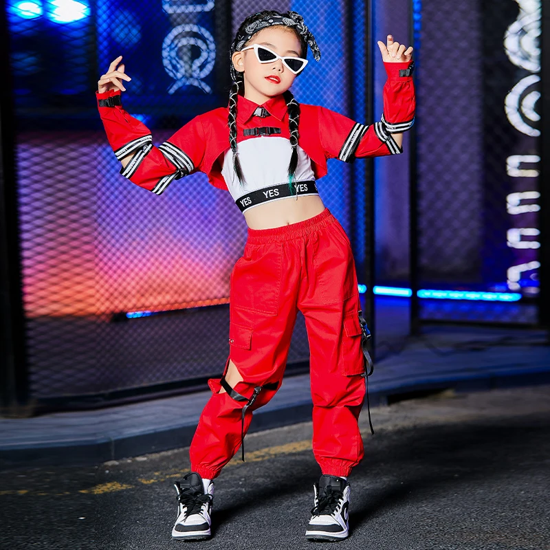 

Red Hip Hop Street Clothes Girls Set Jazz Dancewear Cheerleader Costume Dancer Outfit Festival Clothing Stage Costume DL8844