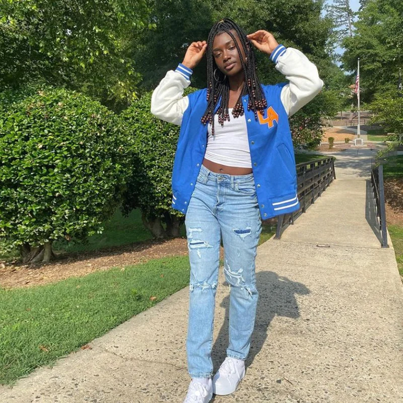 

Zoctuo Cardigan Jackets Letter Embroidery Casual Baseball Jacket For Women Long Sleeve Loose Color Patchwork Outwear Coat Tops