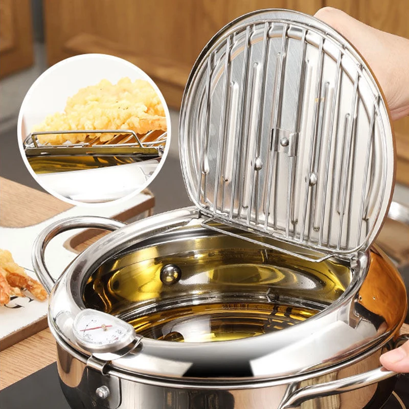 

Home 201 stainless Japanese style deep fryer kitchen pan frying pan with thermometer and stainless steel handle cover 20 24cm