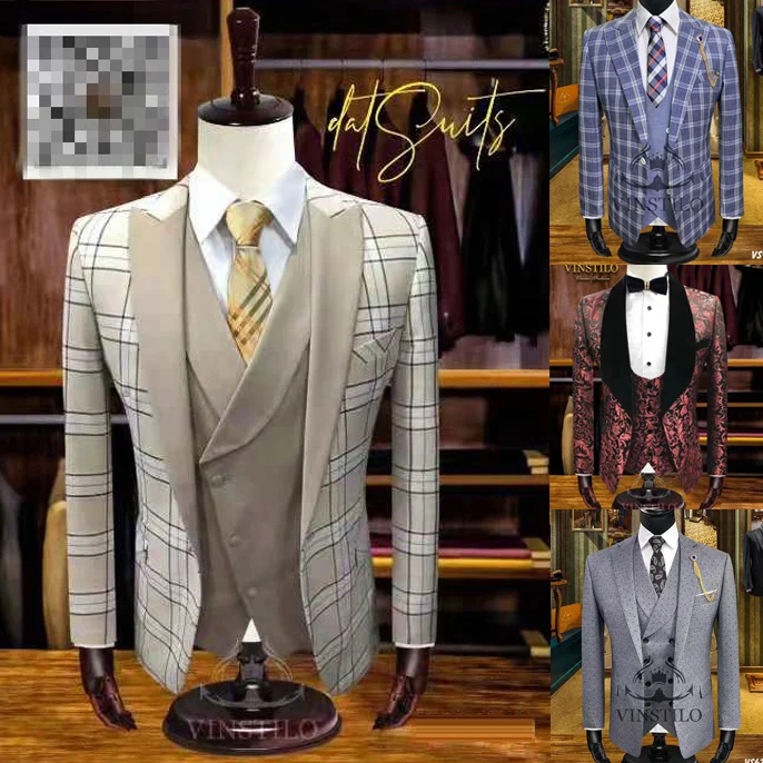 High end мужской костюм в клетку Slim Fit Комплект из 3 предметов смокинг для жениха Best