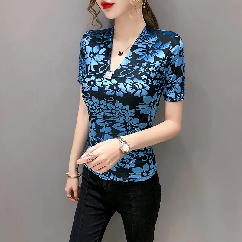 

Women's long sleeve V-neck T-shirt, velvet top, sexy, autumn